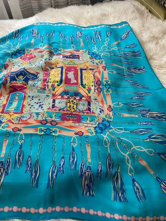 Vibrant Turquoise Silk Scarf with Tassel Print 42 x 42 - Picture 16 of 16